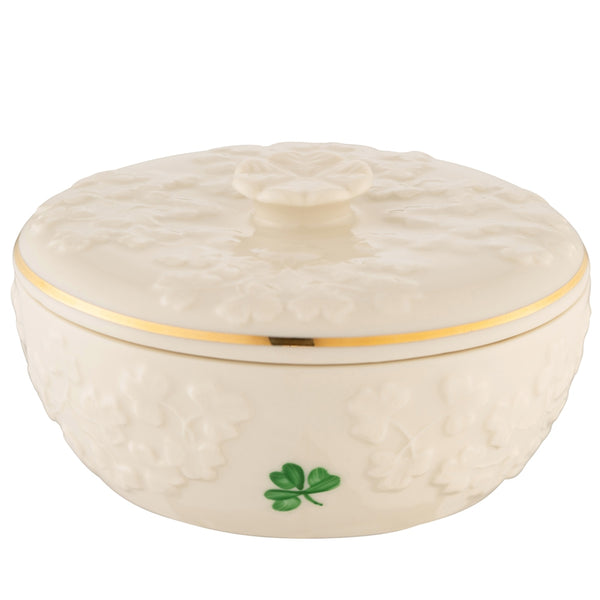 Belleek Pottery Ireland Trinket Box with selling Lid Shamrock Beige with Green Shamrocks